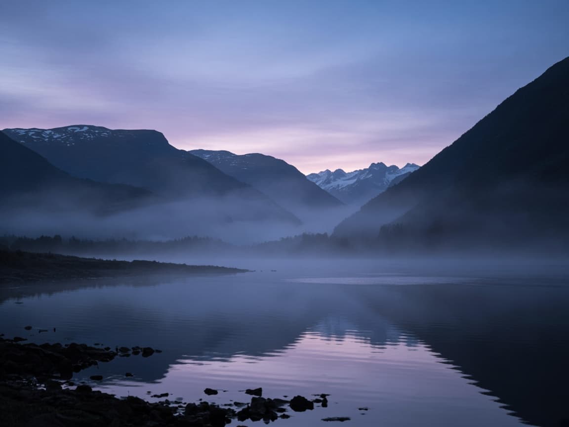 A misty mountain lake at blue hour