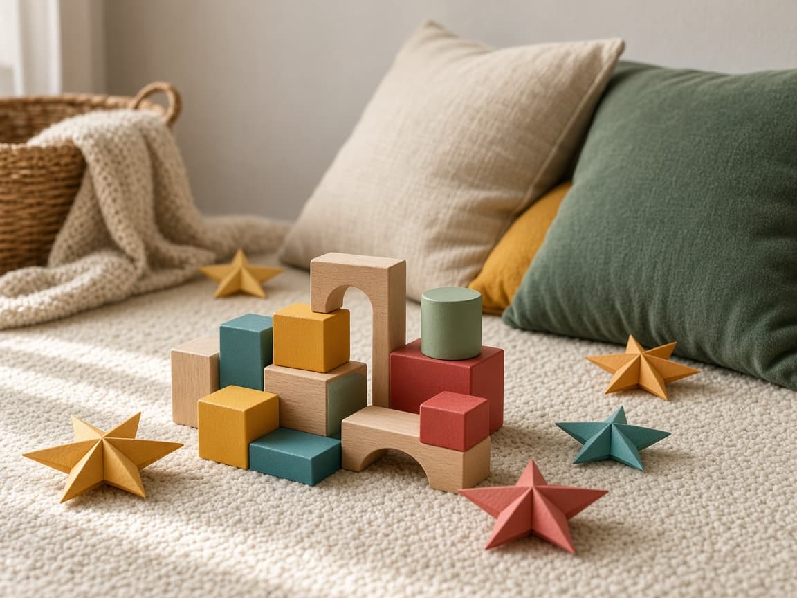 Wooden blocks and paper stars arranged on a rug