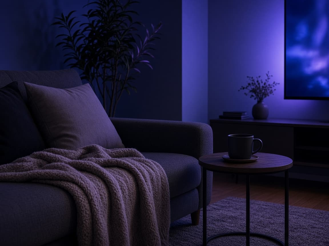 A sofa and blanket lit by a television in a dark room