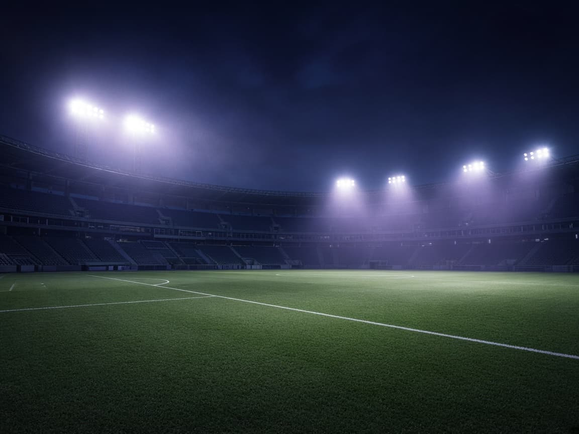 An empty stadium pitch under floodlights at night